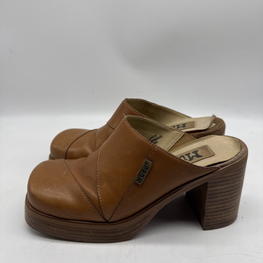 Mudd Mules 7M Brown Leather Square Toe Clogs Slide Chunky Platform Heels 90s Y2K
